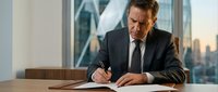 Mature male executive in formal business attire signing documents at desk with city skyline view, suitable for corporate, legal, and professional business concepts.