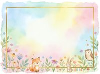 Pastel watercolor frame with cute fox, bunny and owl among flowers, gold border, soft rainbow background for kids design.