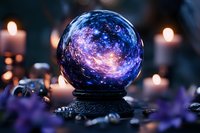 Mystical crystal ball with glowing galaxy inside surrounded by burning candles and purple flowers creates magical fortune telling atmosphere.