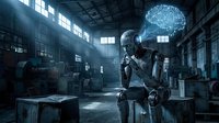 Humanoid robot with glowing brain sits contemplatively in abandoned industrial warehouse, representing artificial intelligence and machine learning concepts.