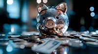 Glass piggy bank surrounded by scattered coins and dollar bills on reflective surface with dramatic blue bokeh lighting, representing savings and financial goals.