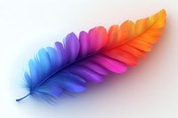 Vibrant rainbow colored feather with gradient from blue to purple, pink and orange on light background, isolated design element for creative projects.