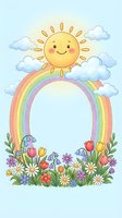 Cute cartoon sun with rainbow arch frame surrounded by colorful spring flowers and fluffy clouds on pastel blue background for children designs.