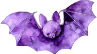 Purple watercolor bat with spread wings and cute smiling face, yellow eyes against white background, isolated design element for Halloween decor and creative projects.