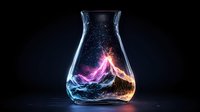 Mystical energy swirls in glass laboratory flask against dark background, glowing pink and blue ethereal smoke creates magical atmospheric effect.
