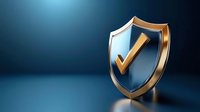 Golden checkmark on blue metallic shield against dark background with dramatic lighting, symbolizing security, protection and verification status.