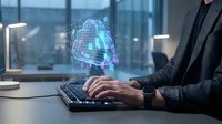 Businessman typing on keyboard with holographic brain and digital network overlay in modern office, representing artificial intelligence and machine learning technology.