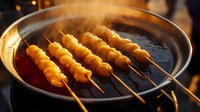 Grilled shrimp skewers sizzling on hot pan with steam rising, wooden sticks in golden sauce create appetizing street food atmosphere.