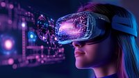 Young woman wearing virtual reality headset experiencing immersive digital technology with glowing purple and blue holographic interface elements in futuristic setting.