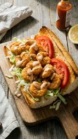 Crispy fried shrimp po boy sandwich with fresh lettuce and tomato slices on crusty bread, served on wooden cutting board with hot sauce and lemon.