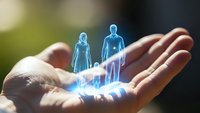 Holographic family figures floating above open palm representing digital healthcare, life insurance protection and futuristic medical technology concepts.