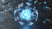 Digital communication network with glowing sphere surrounded by email and wifi icons on circuit board background for technology and connectivity concepts.