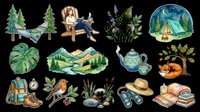 Camping and outdoor adventure collection with isolated elements on transparent background, ready for t-shirt design, clipart, stickers, sublimation, and print-on-demand products.