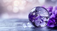Crystal ball with purple flowers and quartz crystals on soft bokeh background creates magical atmosphere for spiritual and wellness designs.