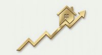 Golden house icon on upward trending arrow showing real estate market growth and property value increase on neutral background.