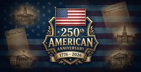 250th American anniversary celebration with flag, historic buildings and constitutional documents on patriotic background for Independence Day designs.