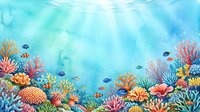 Watercolor underwater scene with colorful coral reef, tropical fish, and sunbeams filtering through turquoise ocean water, perfect for nursery decor.