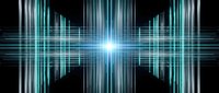 Digital technology background with glowing cyan light beams and data streams creating futuristic sci-fi atmosphere for presentations and designs.