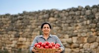 Middle-aged man with dark hair and olive complexion, wearing a light checkered shirt, holding a wooden crate of fresh red apples against a rustic stone wall backdrop. Suitable for agricultural, farming, and food production marketing materials.