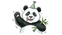 Cute panda bear wearing party hat celebrating with bamboo stick, cheerful cartoon animal character for birthday greeting cards and festive designs.