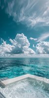 Turquoise ocean waters meet dramatic cloudy sky, view from yacht deck with white railing, crystal clear tropical seascape for luxury travel and vacation concepts.