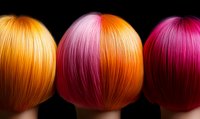 Vibrant colored wigs in orange, peach and pink tones displayed on mannequin heads against dark background, showing smooth straight hair styling.