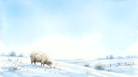 Sheep grazing in snowy winter landscape with frost-covered fields and wooden fence, suitable for agricultural and seasonal marketing materials.