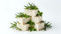 Stacked fresh cheese cubes garnished with rosemary sprigs and mint leaves on white background, isolated for culinary and food styling projects.