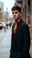 Young handsome man in black coat with orange scarf standing on urban street. Stylish male model portrait for fashion and lifestyle concepts.