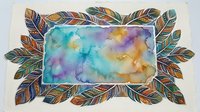 Watercolor feather frame with colorful abstract background, decorative border design for artistic projects and creative layouts.