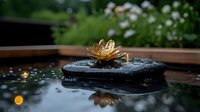 Golden lotus flower decoration on black spa stone with water reflection in tranquil garden setting, creating peaceful zen atmosphere for wellness and meditation.
