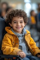 Young mixed race boy with curly hair wearing yellow jacket and gray hoodie smiles brightly while sitting in wheelchair, representing inclusivity and accessibility.