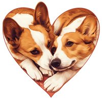 Two adorable Pembroke Welsh Corgi dogs snuggling inside red heart shape frame, romantic pet portrait in warm brown and white tones for Valentine designs.