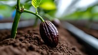 Fresh ripe cacao pod growing from soil with green leaves in background, macro close up view showing texture and details of chocolate bean cultivation process.