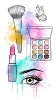 Watercolor cosmetics illustration with makeup brush, lipstick, eyeshadow palette and eye with butterfly on colorful splash background for beauty design.