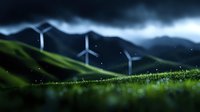 Wind turbines on green hills under dramatic stormy sky with glowing particles, renewable energy concept for sustainable power generation and environmental protection.