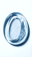 Fingerprint in transparent blue gel or resin drop on white background, isolated for security, identity, forensics, and biometric design applications.