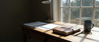 Architect's workspace with drafting table, blueprints, and natural light from large window, suitable for design, construction, and professional services marketing.