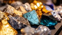 Vibrant raw crystals and minerals with blue tourmaline, golden quartz, and rough gemstones on dark surface, macro shot showing natural texture and sparkle.
