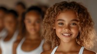 Young mixed race woman with curly blonde hair and radiant smile in white top, glowing skin and natural makeup against warm background with friends.