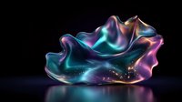 Flowing abstract liquid shape with iridescent turquoise and purple colors on black background, glowing particles create magical ethereal effect for luxury design.