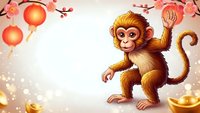 Cute cartoon monkey character waving with red lanterns and cherry blossoms for Chinese New Year celebration and festive holiday greeting cards.