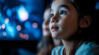 Young Asian girl gazing upward with wonder against blue bokeh lights background, capturing childhood curiosity and dreamy expression in cinematic lighting.