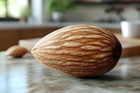 Single fresh almond nut macro shot showing detailed texture and natural brown striped pattern on wooden surface in soft natural lighting for food photography.