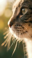 Close-up of tabby cat's face with detailed whiskers and green eyes, soft bokeh background, suitable for pet, animal, and nature projects.