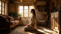 Young woman meditating in cozy rustic cabin interior with wooden beams and warm sunlight streaming through windows creating peaceful morning atmosphere.