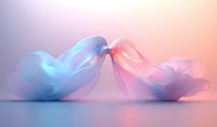 Ethereal translucent butterflies touch noses in soft pink and blue gradient lighting, creating romantic atmosphere against blurred dreamy background.