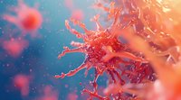 Microscopic view of cancer cells in pink and orange tones against blue background showing cellular structure and metastasis process in medical science visualization.