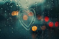 Heart drawn on rainy window glass with blurred city lights in bokeh effect creating romantic mood on dark teal background. Atmospheric evening scene.