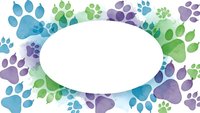 Watercolor paw prints frame with blank oval space for text in blue, green and purple tones on white background isolated for pet design projects.